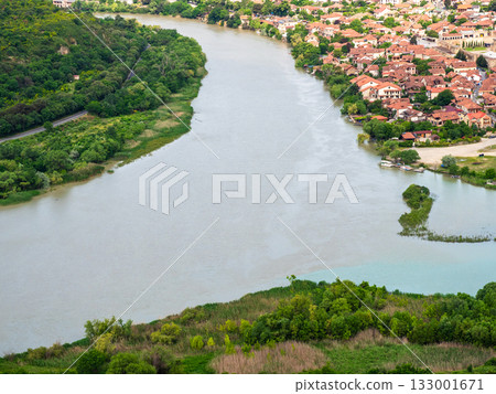 above view of water of Kura river near Mtskheta city above view of water of Kura river near Mtskheta city 133001671