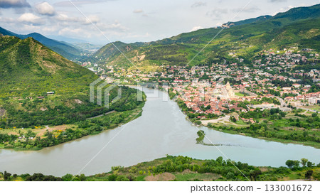 panoramic view of confluence of Kura Aragvi rivers 133001672