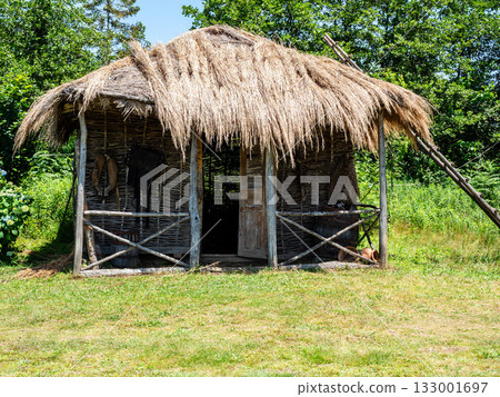 old thatched barn in georgian village in summer old thatched barn in georgian village in summer 133001697