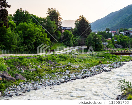 Mulkhra river in Mestia town in Svaneti, Georgia 133001703