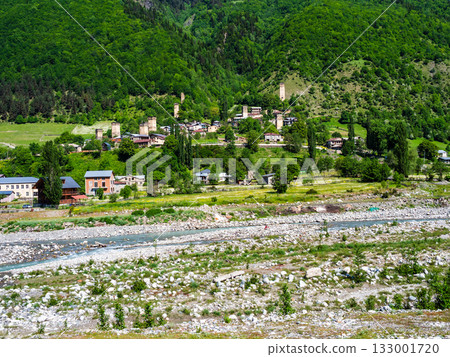 view of riverbed and Mestia townlet in morning 133001720