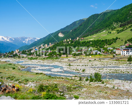 Mestia townlet in mountain valley of Mulkhra river 133001721