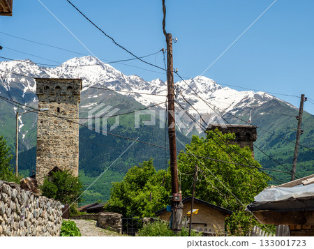 electric pole, ancient svan tower in Mestia town 133001723