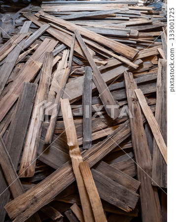 pile of old broken planks inside tower, Mestia 133001725