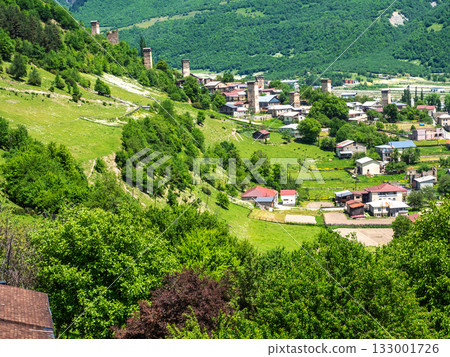 above view of Mestia town wih ancient svan towers 133001726