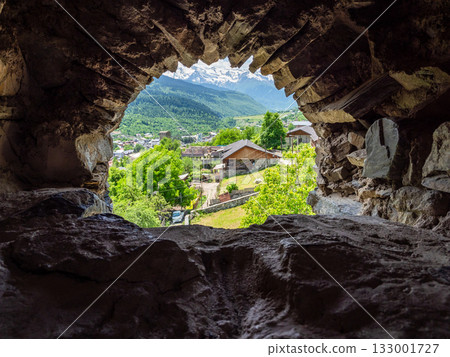 view of small street in Mestia from arch window 133001727