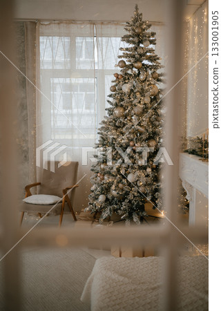 Festive Christmas Tree in Cozy Interior Room View 133001905
