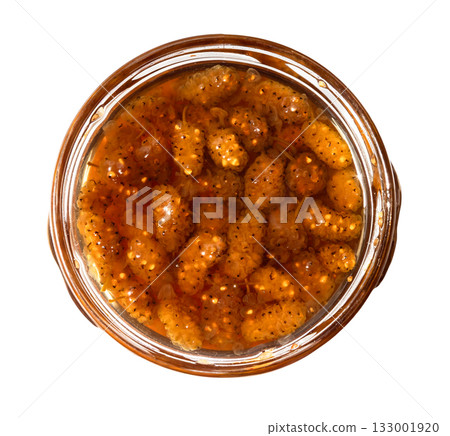top view of jar with white mulberry jam isolated top view of jar with white mulberry jam isolated 133001920