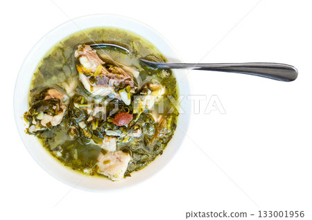 Georgian Chakapuli stew in white bowl cut out 133001956