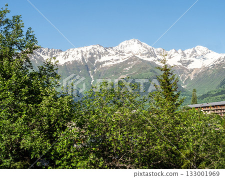 snow-capped mountain peaks around Mestia, Svaneti 133001969