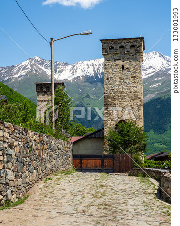 street with ancient svan towers in Mestia town 133001993