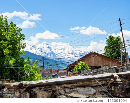 blue sky over house in Mestia town and mountains blue sky over house in Mestia town and mountains 133001994