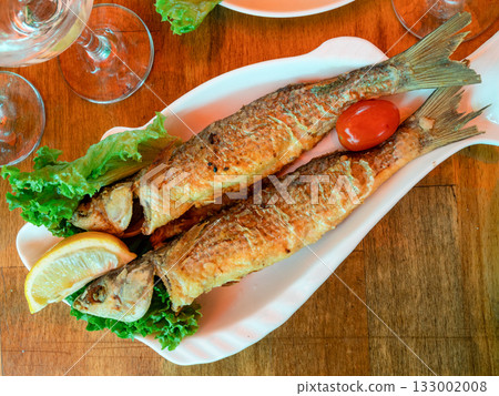 top view of fried local Black Sea grey mullet fish top view of fried local Black Sea grey mullet fish 133002008