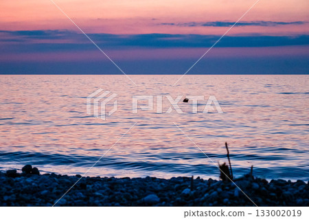 pink and blue water of Black Sea in summer dusk 133002019