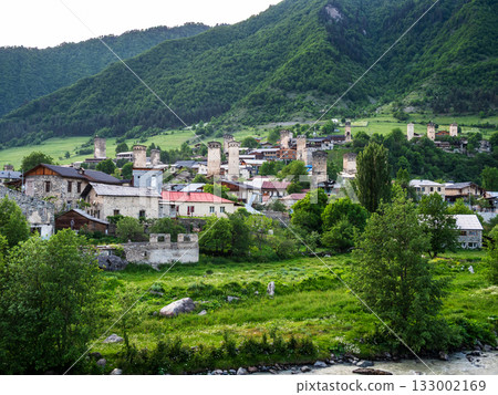 view of Mestia town on mountain slope on riverside 133002169