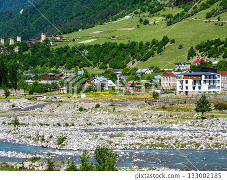view of Mulkhra river and Mestia townlet, morning view of Mulkhra river and Mestia townlet, morning 133002185