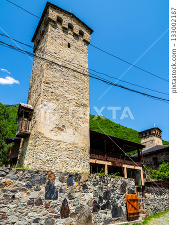 stone fence and ancient svan tower in Mestia town 133002187