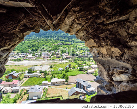 above view Mestia and river from svan tower hole 133002190