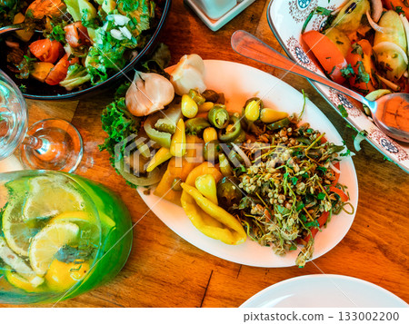 top view of traditional Georgian pickles on plate top view of traditional Georgian pickles on plate 133002200