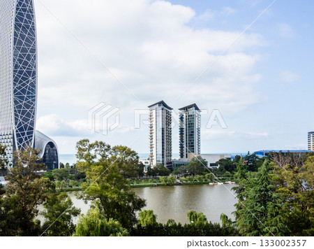 Nuri lake in Park and skyscrapers in Batumi city 133002357