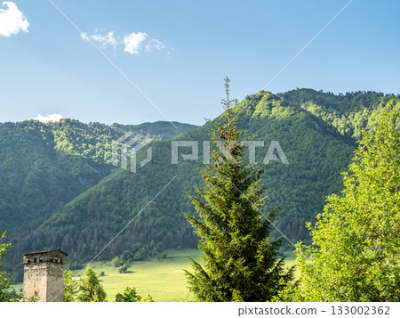 green mountains around Mestia town in Svaneti 133002362