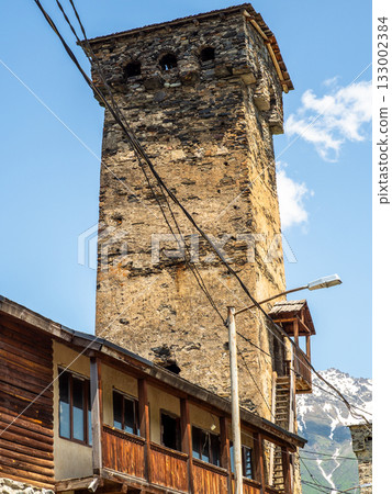 ancient svan tower in Mestia town in Georgia ancient svan tower in Mestia town in Georgia 133002384