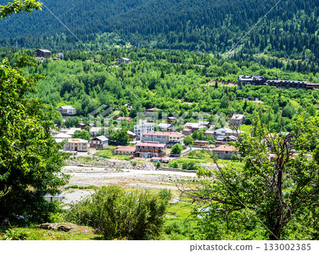 above view of Mestia townlet in valley from tower 133002385
