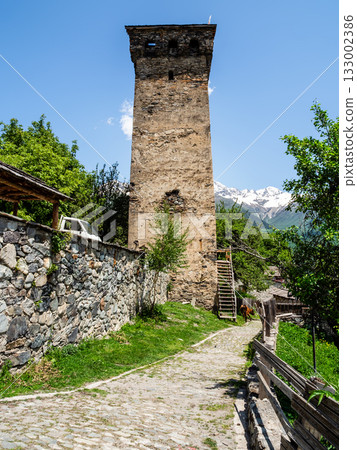 view of ancient svan tower in Mestia from street 133002386