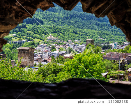 above view of buildings of Mestia from svan tower 133002388