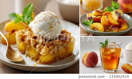 Delicious peach dessert collage featuring cobbler, grilled peaches, and iced tea with mint 133002429