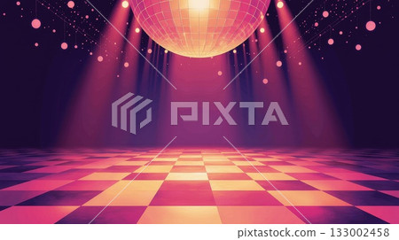 Colorful disco ball reflecting light in vibrant dance floor with checkered pattern and beams 133002458