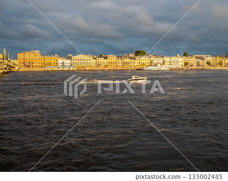 Neva river with boat and Quay in St Petersburg 133002485