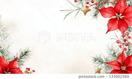 Watercolor Christmas wreath with red poinsettia and festive greenery for holiday backgrounds 133002569