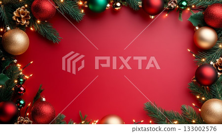 Festive red and green Christmas background with pine branches and ornaments for holiday celebrations Festive red and green Christmas background with pine branches and ornaments for holiday celebrations 133002576