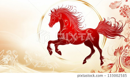 Red horse illustration with floral patterns celebrating Chinese New Year and symbolizing prosperity 133002585