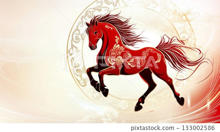Vibrant red horse illustration with floral patterns symbolizing Chinese New Year celebration 133002586