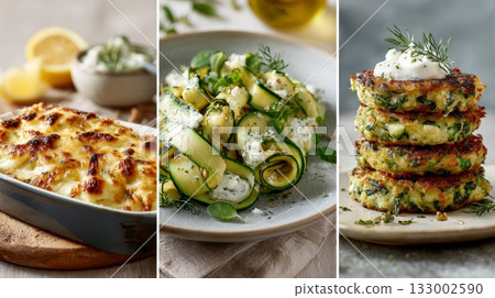 Delicious food collage featuring baked dish, zucchini salad, and vegetable fritters on plates Delicious food collage featuring baked dish, zucchini salad, and vegetable fritters on plates 133002590