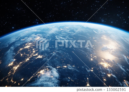 Aerial view of missile in flight over Earth's atmosphere showcasing dynamic motion and vast space Aerial view of missile in flight over Earth's atmosphere showcasing dynamic motion and vast space 133002591