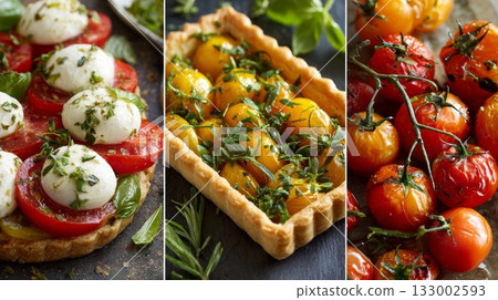 Colorful collage of fresh tomatoes and mozzarella cheese with herbs on a rustic wooden table Colorful collage of fresh tomatoes and mozzarella cheese with herbs on a rustic wooden table 133002593