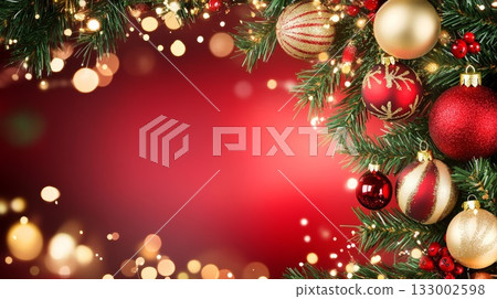 Festive red and green Christmas background with pine and ornaments creating a joyful atmosphere 133002598