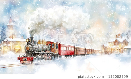Hand painted watercolor Christmas background with a vintage steam train in a snowy landscape Hand painted watercolor Christmas background with a vintage steam train in a snowy landscape 133002599