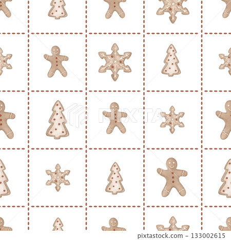 Christmas seamless pattern with gingerbread man and cookies in the shape of a snowflake and tree. Repeat new year ornament with illustration sweet winter cookie on checkered background 133002615
