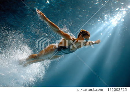Diver gracefully plunges into water, showcasing athleticism and fluid motion in serene underwater scene 133002713