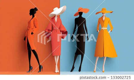 Fashionable silhouettes in vibrant colors showcasing modern styles with a chaotic background 133002725