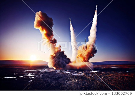 Rockets ascending into the sky, creating dramatic smoke trails against a vibrant sunset backdrop 133002769