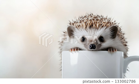 Adorable hedgehog peeking out from a white coffee mug with a soft blurred background Adorable hedgehog peeking out from a white coffee mug with a soft blurred background 133002786