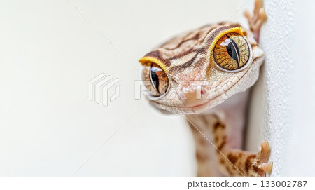 Close-up of a colorful gecko perched on a white surface showcasing vibrant eyes and unique patterns 133002787