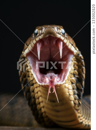 Venomous snake with open mouth displaying fangs and glistening venom in a dramatic close-up shot 133002820