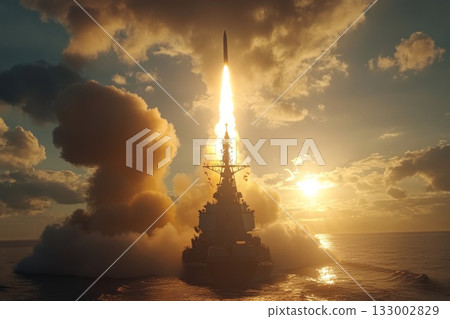Naval warship launching missile at sunset with... - Stock Illustration ...