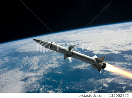 Rocket launching into space with vibrant flames and clouds in the background showcasing technology 133002835